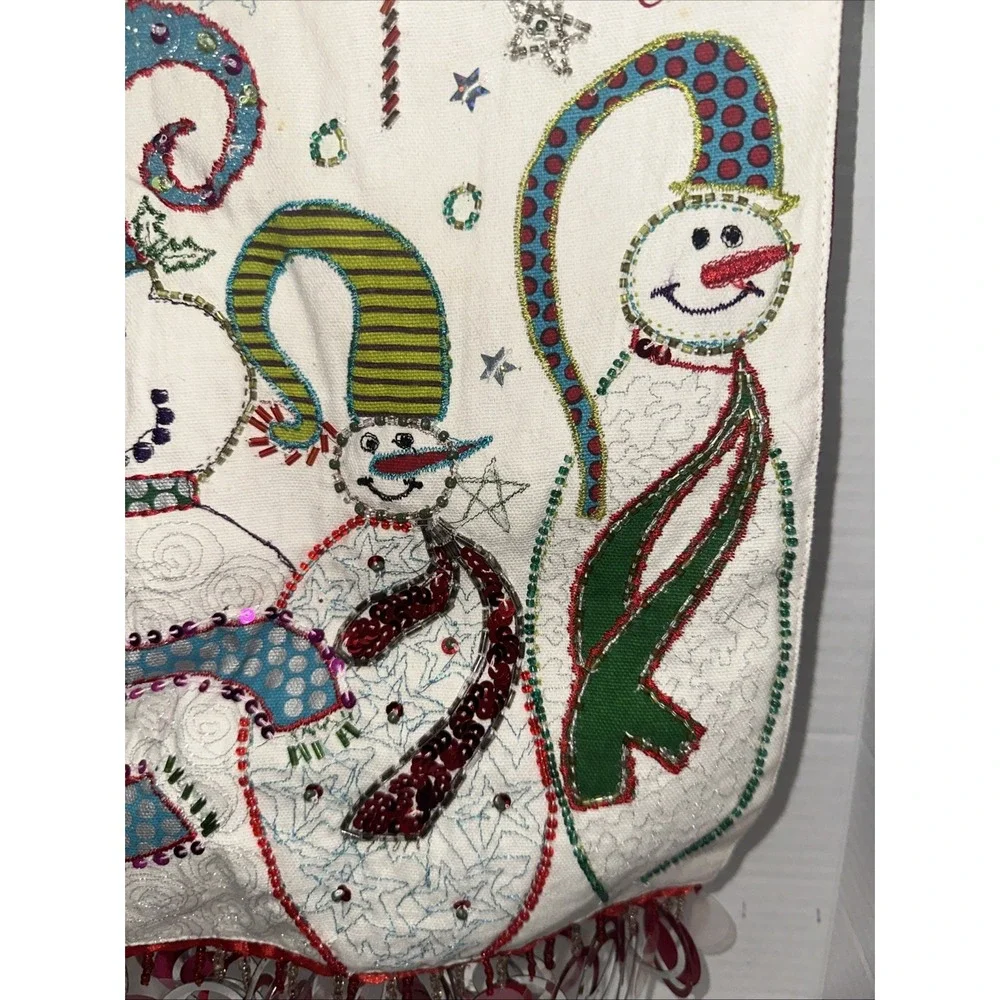 Pier 1 Imports Snowman Christmas Table Runner Embroidered Beaded Fringe 108x13